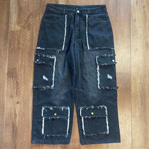 y2k 00s vintage ジーンズ デニムパンツ ワイドパンツ ギミックデニム ブラック 黒 パンツ メンズ XLサイズ