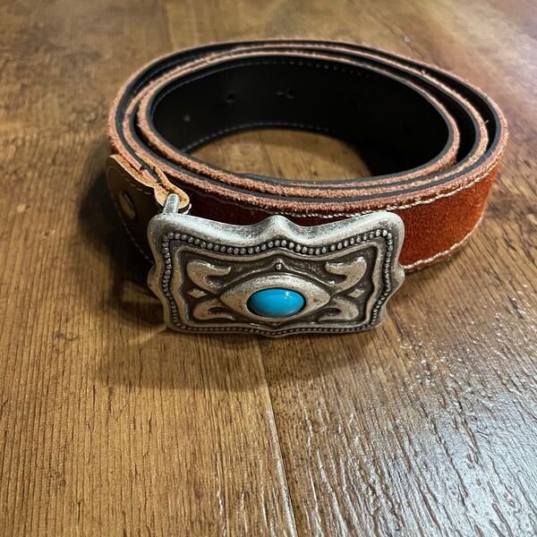 y2k 90s vintage leather ターコイズ レザー ベルト ブラウン 金属バックル c-boy アメカジ系 メンズ