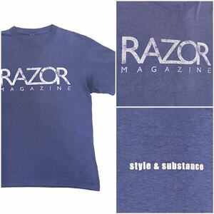 90’s RAZOR MAGAZINE ヴィンテージ Tシャツ Mサイズ アメリカ雑誌 雰囲気系 退色 ネイビー ロゴ プリント バックプリント USA 企業