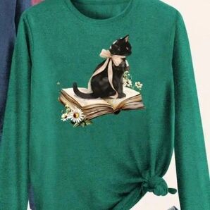 新品 レディース 猫柄 長袖Tシャツ Lサイズ グリーン