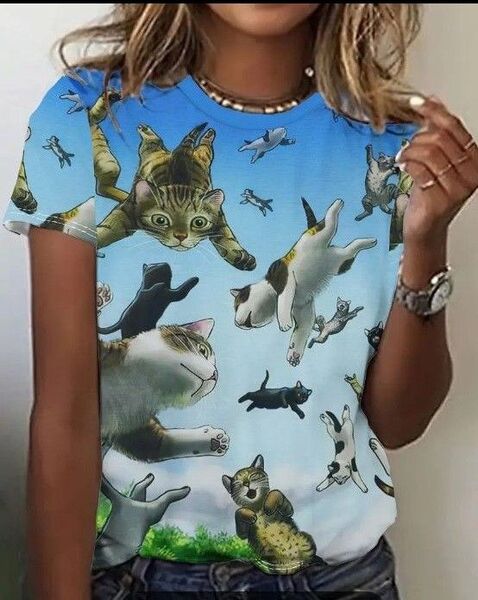 新品 猫柄 空飛ぶ猫プリント 半袖Tシャツ レディース M