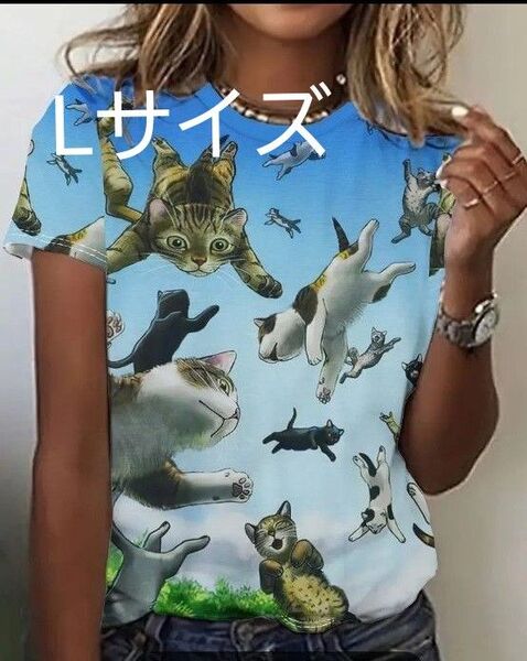 新品 猫柄 空飛ぶ猫プリント 半袖Tシャツ レディース L