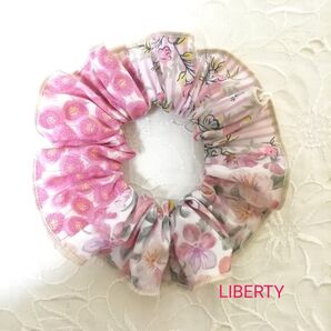 【sale】LIBERTY タナローンのシュシュ ピンク系ミックス くるみボタンゴムつき