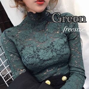 新品 花柄 レース グリーン ハイネック トップス オフィス カジュアル シアー 結婚式 シースルー 長袖 パーティ 韓国