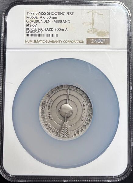 【激レア大型銀貨NGC MS67】1972年スイス射撃祭 直径50mmの大型銀メダルマニア垂涎のグレード&迫力!山羊と弓矢コイン
