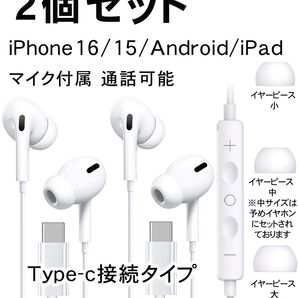 【新品・2個入り】有線イヤホン マイク付 Type-c 通話対応 iPhone16/15/Android/iPad等 白