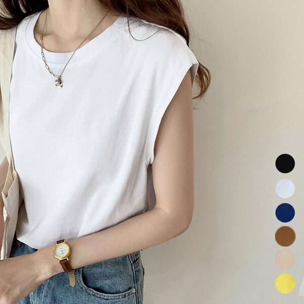 【ブラウン】ベーシック大人通勤/tシャツフレンチ袖/ゆったり夏服着回し おしゃれ ノースリーブカットソー 無地 クルー