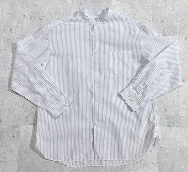 美品 Lサイズ UNIQLO ユニクロ 長袖シャツ スタンドカラー 白水色