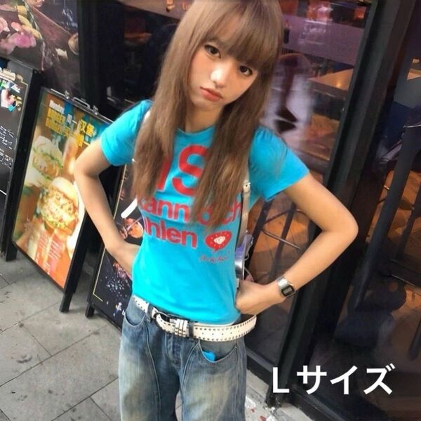 Tシャツ 大人気 ピチT グランジ y2k ストリート 00s 平成ギャル レディース 青