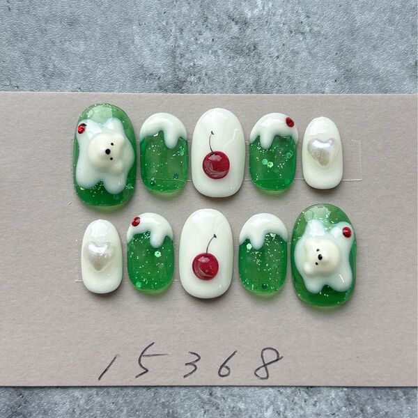 ネイルチップくまさんメロンソーダクリームソーダネイル73