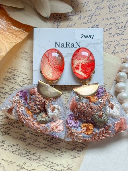 685≫アルコールインクアート【nara】2wayインド刺繍リボンタッセルイヤリング アクセサリー