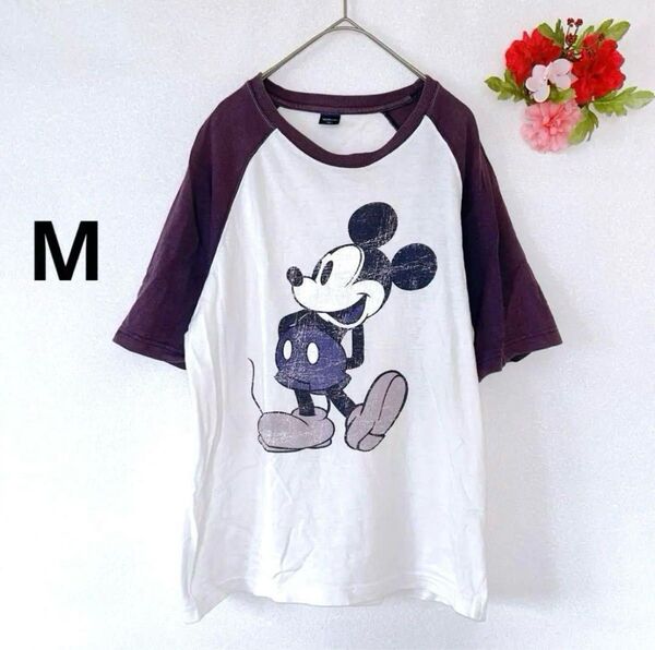 ミッキーマウス ディズニー Disney Tシャツ プリント 半袖 五分袖 M ホワイト/パープル