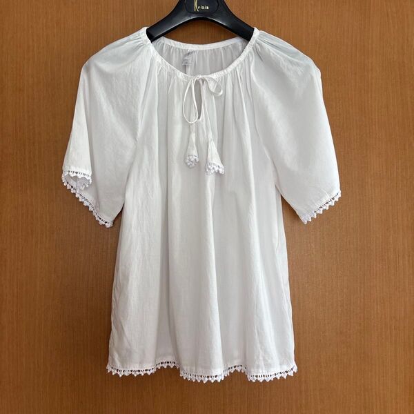 GAP レディース カットソー チュニック 白 XS ゆったりめ 半袖 Lも可能 ブラウス 胸元リボン 夏休み リゾート 涼しげ
