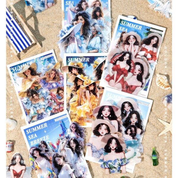 夏! 女の子シール ステッカー コラージュ素材 海外 海 人物 ジャーナル 6種