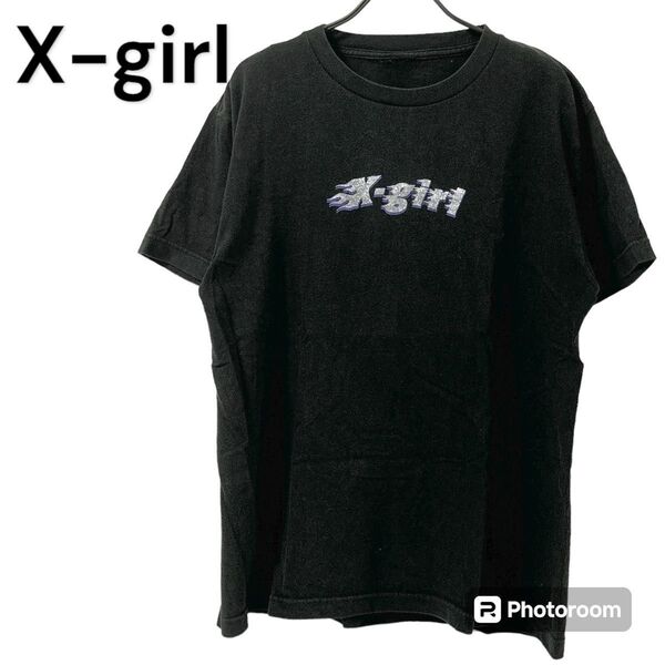 X-girl 半袖 Tシャツ ロゴ ラメ プリント ブラック 黒