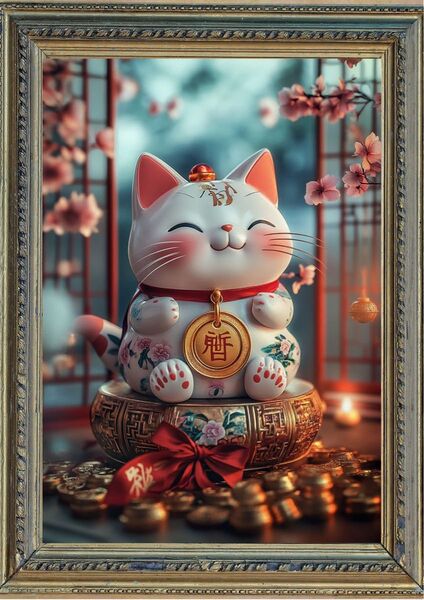 P834 招き猫 金運・健康・幸福 【開運風水絵画風ヒーリングアート】
