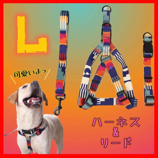 Lサイズ 犬用 ハーネス カラフル 首輪 リード 中型犬 大型犬 3点セット