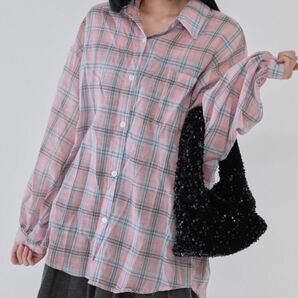 Uenui ウニュイ チェック柄ルーズフィット ロングシャツオーバーサイズ ピンク