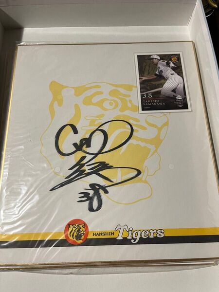 【山川猛】阪神タイガース時代の直筆サイン色紙(球団ロゴ入り・選手カード付き)当時物