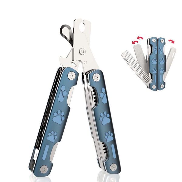 ペット用 爪切り 4in1 多機能 爪ヤスリ コーム付 犬 猫 小型犬 中型犬 グルーミング ブルー マルチツール