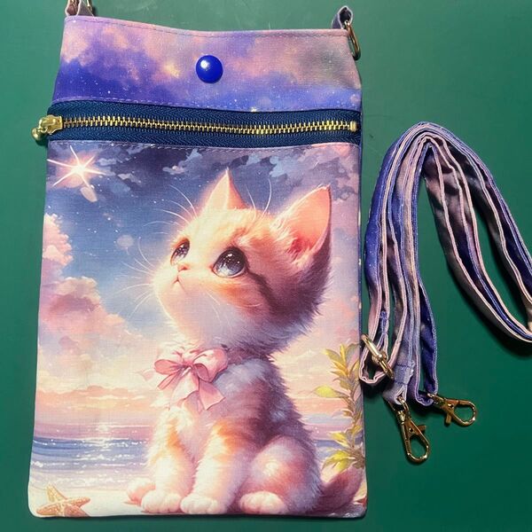 ハンドメイド 猫柄パネル使用 スマホショルダーバッグ サコッシュ 大きめサイズ A