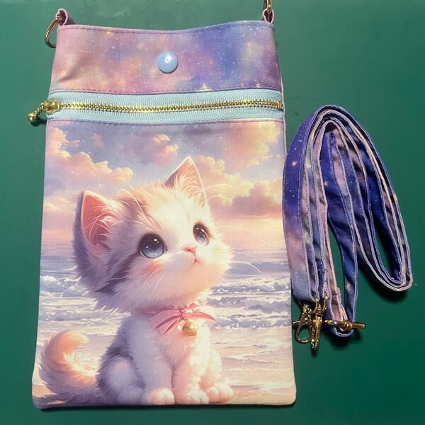 ハンドメイド 猫柄パネル使用 スマホショルダーバッグ サコッシュ 大きめサイズB