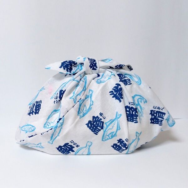 あずま袋*小さめ・マチ付き〈魚へん 白〉エコバッグ、お弁当袋 ハンドメイド