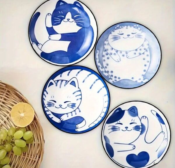 本日24時までの限定価格!猫の絵柄の木製コースター 4枚セット☆陶磁器風 猫雑貨