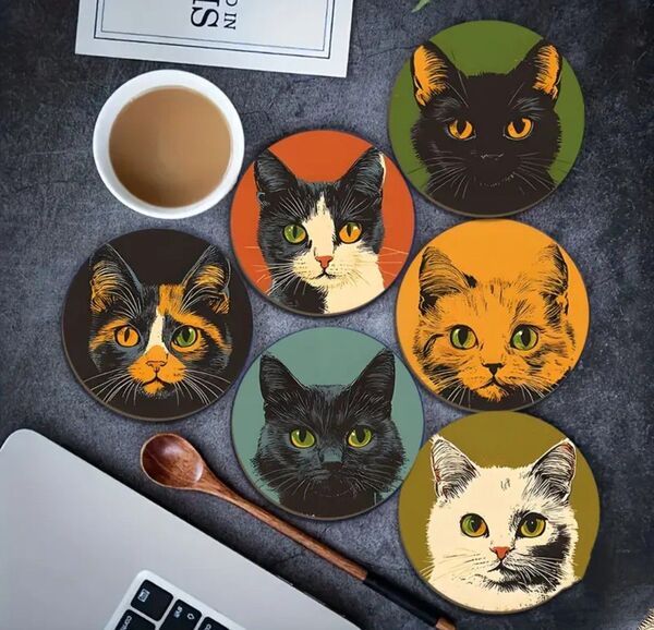 猫柄 木製コースター 6枚セット☆ おしゃれ インテリア 猫雑貨