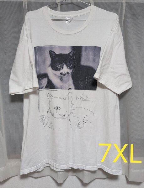 フクモトエミ 猫プリント ホワイト オーバーサイズTシャツ