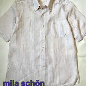 mila schn リネン100% メンズ半袖シャツ イエローストライプ 46