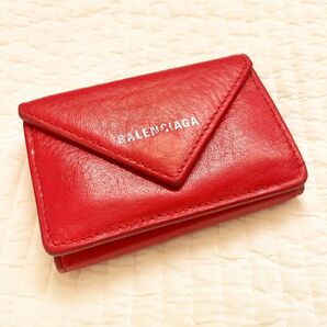 【美品・保存袋付き】BALENCIAGA バレンシアガ ペーパーミニウォレット レッド 赤 三つ折り財布