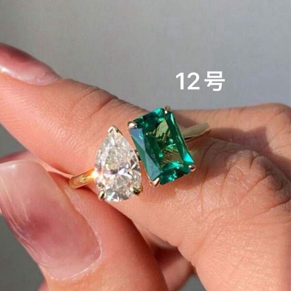 高級 CZ ダイヤモンド エメラルド ペアシェイプ スクエア リング ゴールド 指輪 グリーン 高見え ジュエリー 宝石 ブランド