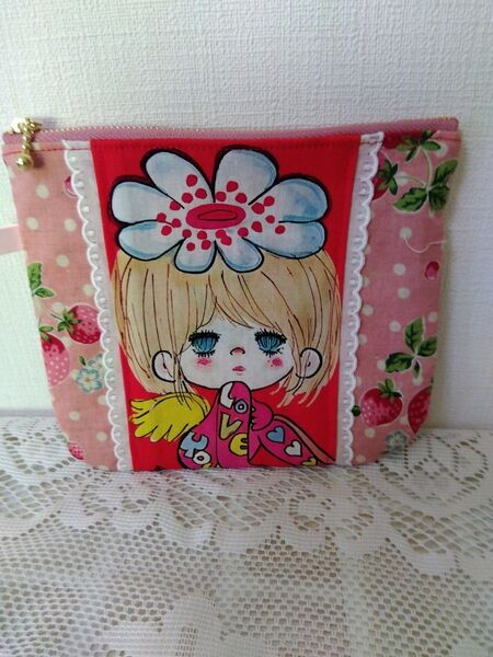ハンドメイド レトロな女の子 16cmファスナーフラットポーチ いちご柄