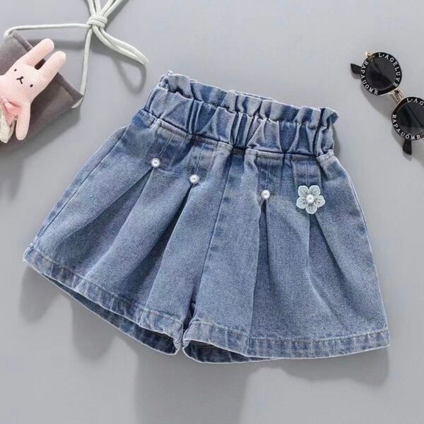 デニム ショートパンツ キッズ 110cm お花 夏 プレゼント 通学