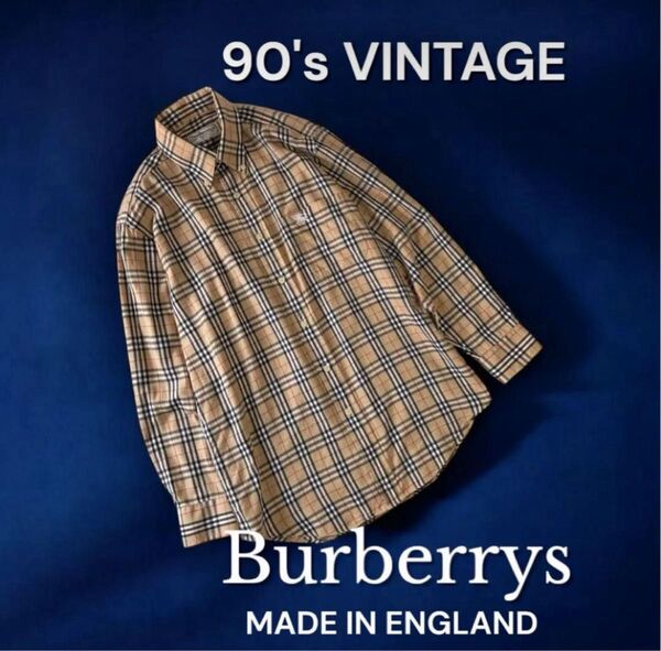 90's VINTAGE 英国製 BURBERRY ノヴァチェック 総柄 長袖 ボタンダウンシャツ チェック 実質L〜XL