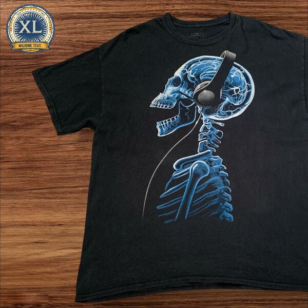 【セール!! US古着】ブラック XL ドクロ スカル レントゲン ヘッドフォン Tシャツ 半袖 プリント メンズ レディース