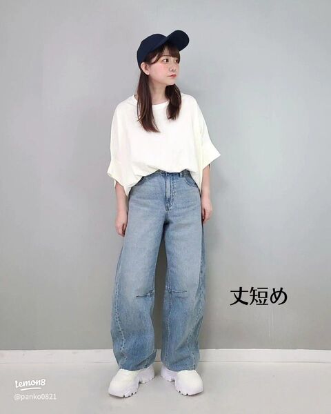 【新品.未使用】GUバレルレッグジーンズ.丈短め.XS.65ブルー