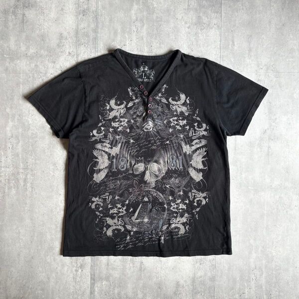【00s archive】Tシャツ vネック 短丈 フリーメイソン スカル y2k お兄系 古着