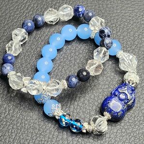 天然石【二本set】 ブレスレット ラピスラズリ貔貅 ブルーカルセドニー 水晶 ソーダライト パワーストーン