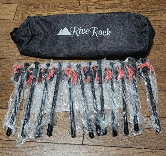RiveRockスチールペグ 20cm×12本 反射ロープ 安全キャップ付き 収納袋付き