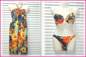  separate swimsuit Maxi-length dress ( Cami ) set 9 number /M navy series × floral print 