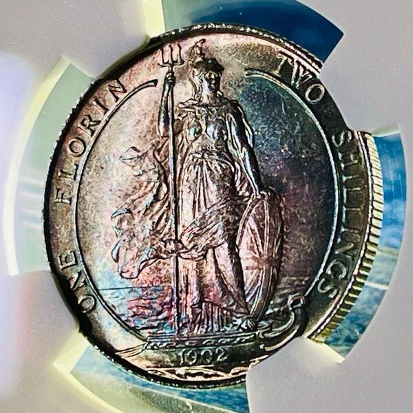 極彩ブリタニア 準最高鑑定 1902年 イギリス エドワード7世 フローリン銀貨 NGC MS65 希少 ブリタニア銀貨 Top2