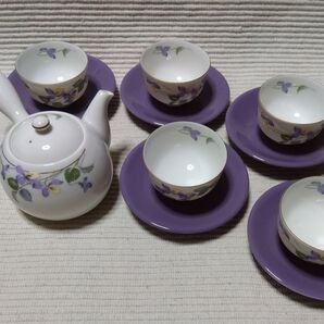 前畑陶器 庫山窯 急須&湯呑み、茶托(ソーサー) 5客セット スミレ柄