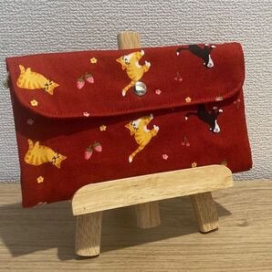 ハンドメイド 猫ちゃん レッド 通帳ケース マルチポーチ