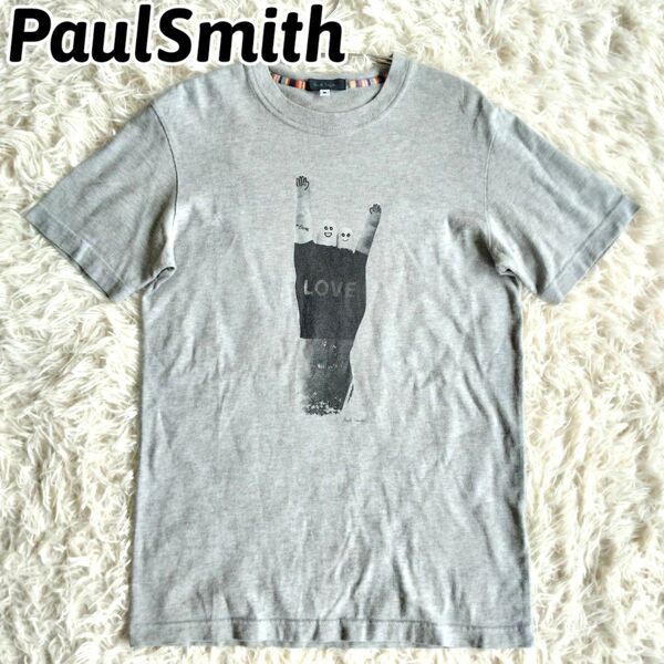 Paul Smith ポールスミス Tシャツ LOVE 半袖 グレー ストライプ クルーネック カットソー メンズ ユニセックス