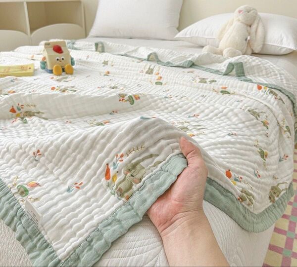 新品未使用6層ガーゼケット タオルケット ブランケット120×150cmウサギ柔らかい生地 北欧柄 綿100ベビー用子供用