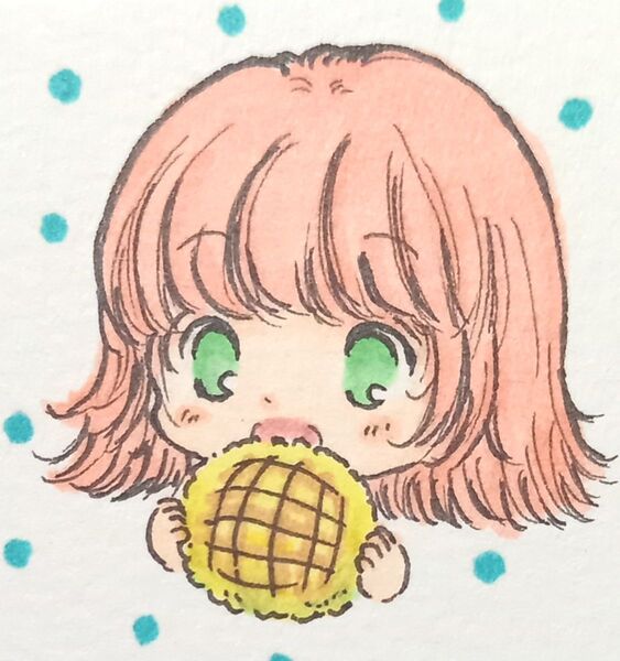 手描きイラスト ミニ原画 メロンパン 二枚セット