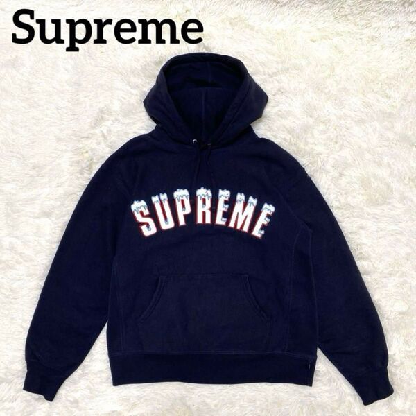 【希少】シュプリーム パーカー アイスロゴ 刺繍 ネイビー M Supreme