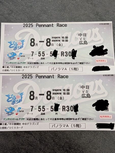 【定価以下】8/8 中日ドラゴンズvs広島カープ 野球観戦チケット 2枚セット